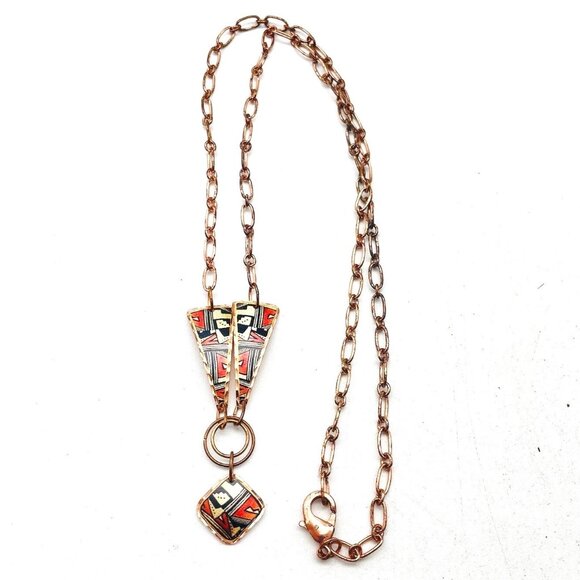 Vintage Copper Enamel Pendant Necklace Geometric Design Art Deco Revival Retro - Picture 2 of 10